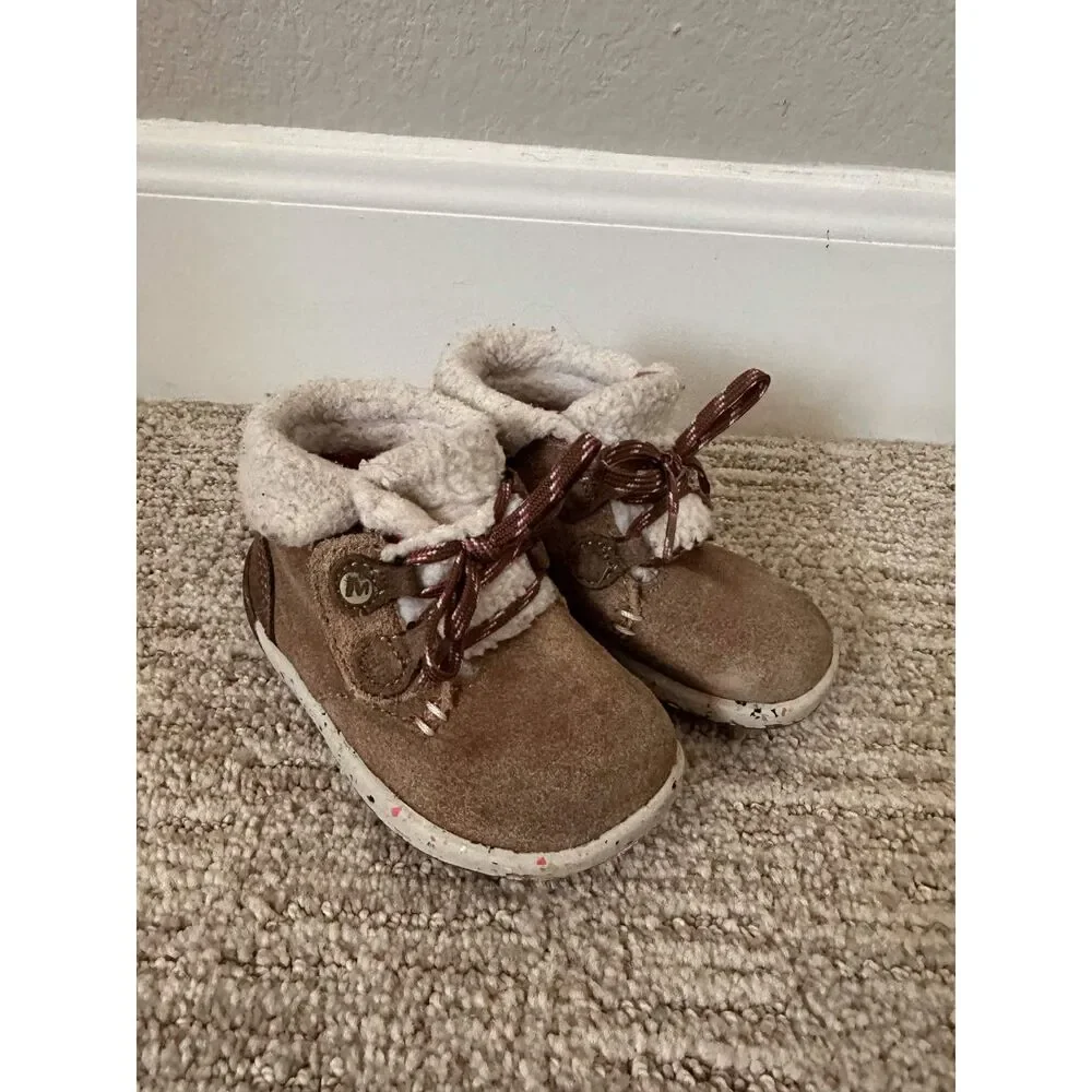 Merrell Bare Steps Cocoa Boots Brown Suede Shearling Toddler Size 5M Cozy Winter